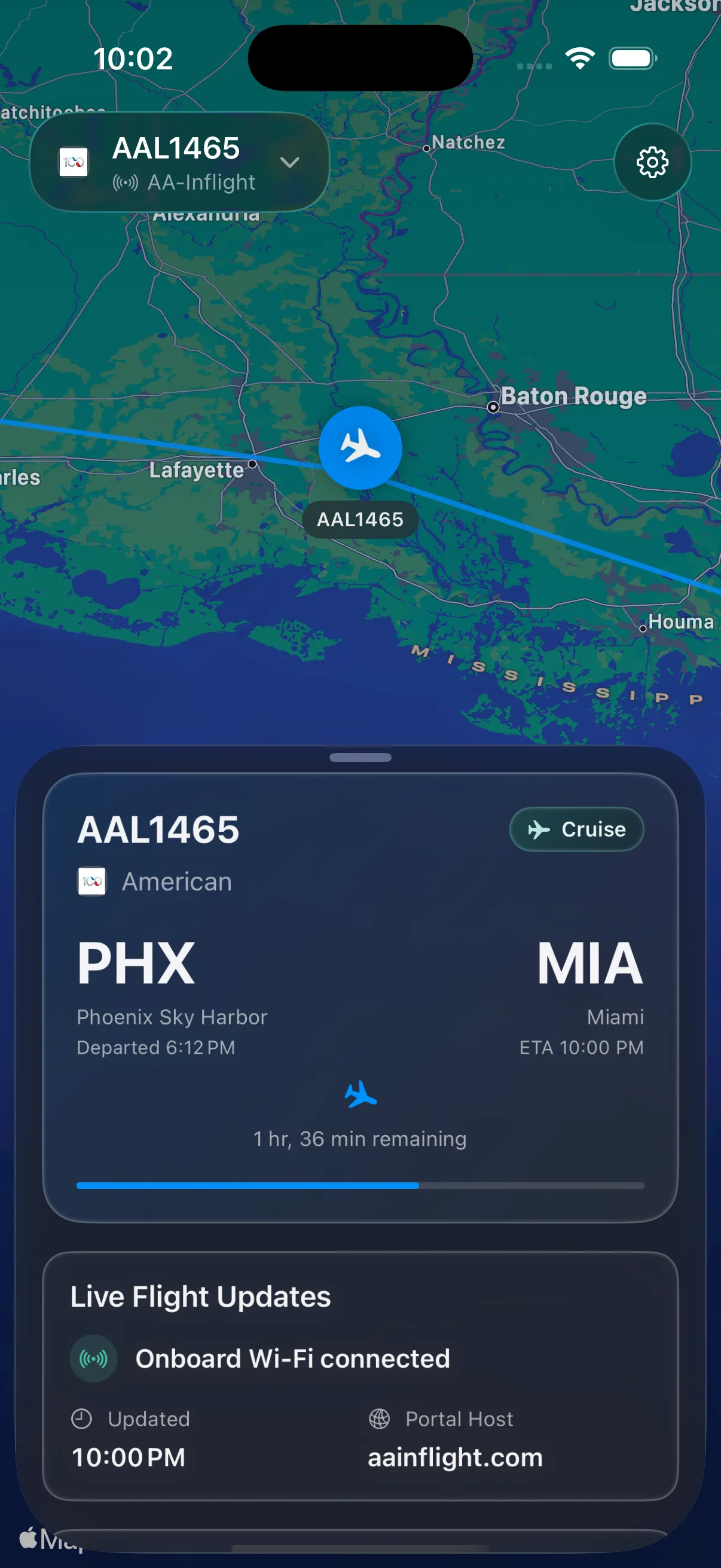 CabinLink on iPhone — Route dashboard