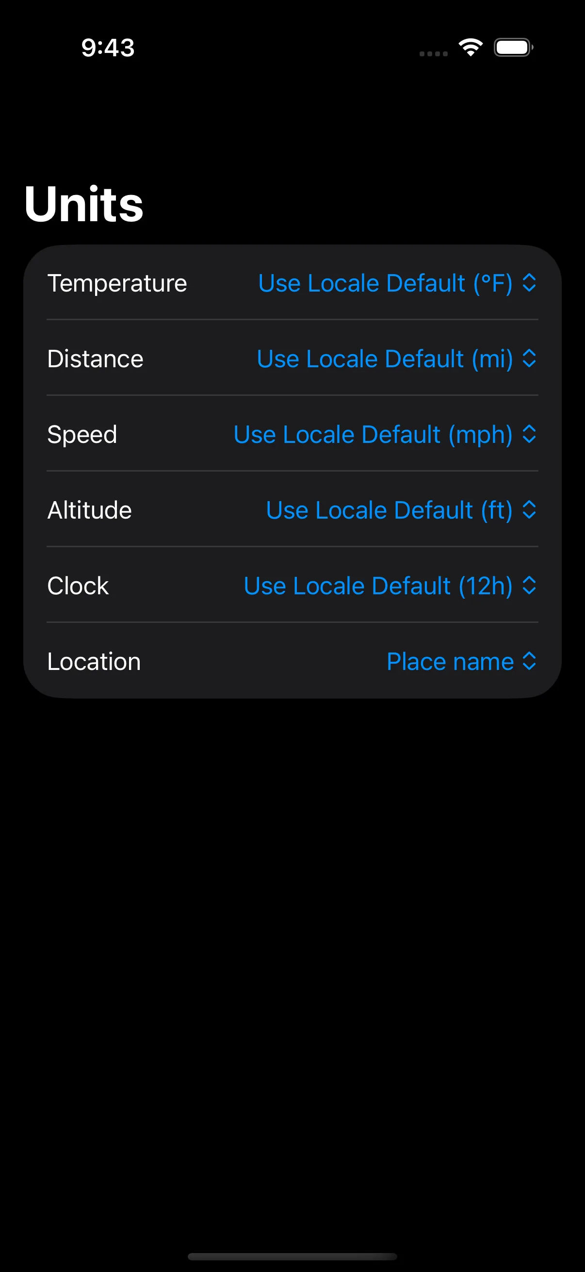 CabinLink on iPhone — Unit preferences