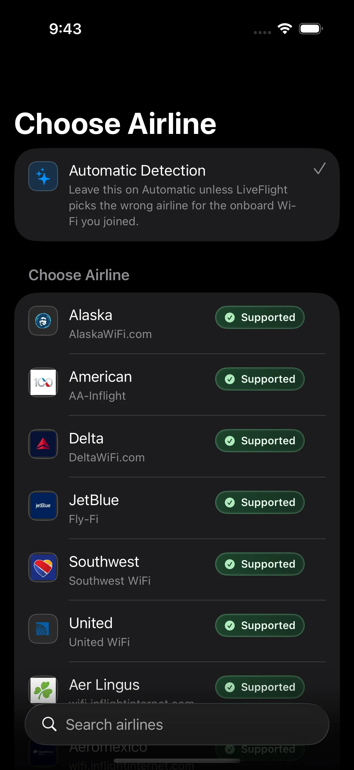 CabinLink on iPhone — Airline selection